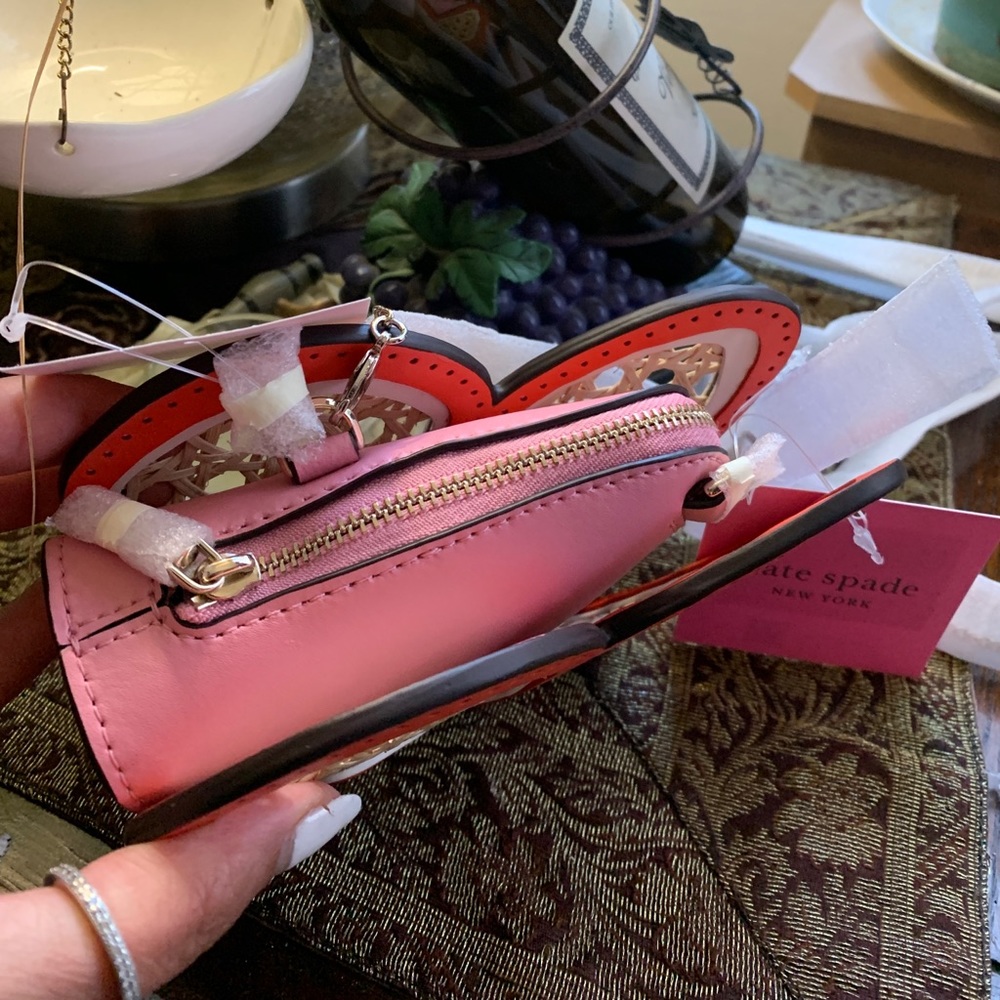 Authentic Kate spade Leather/Straw butterfly zip coin/cards on chain crossbody - Picture 5 of 11